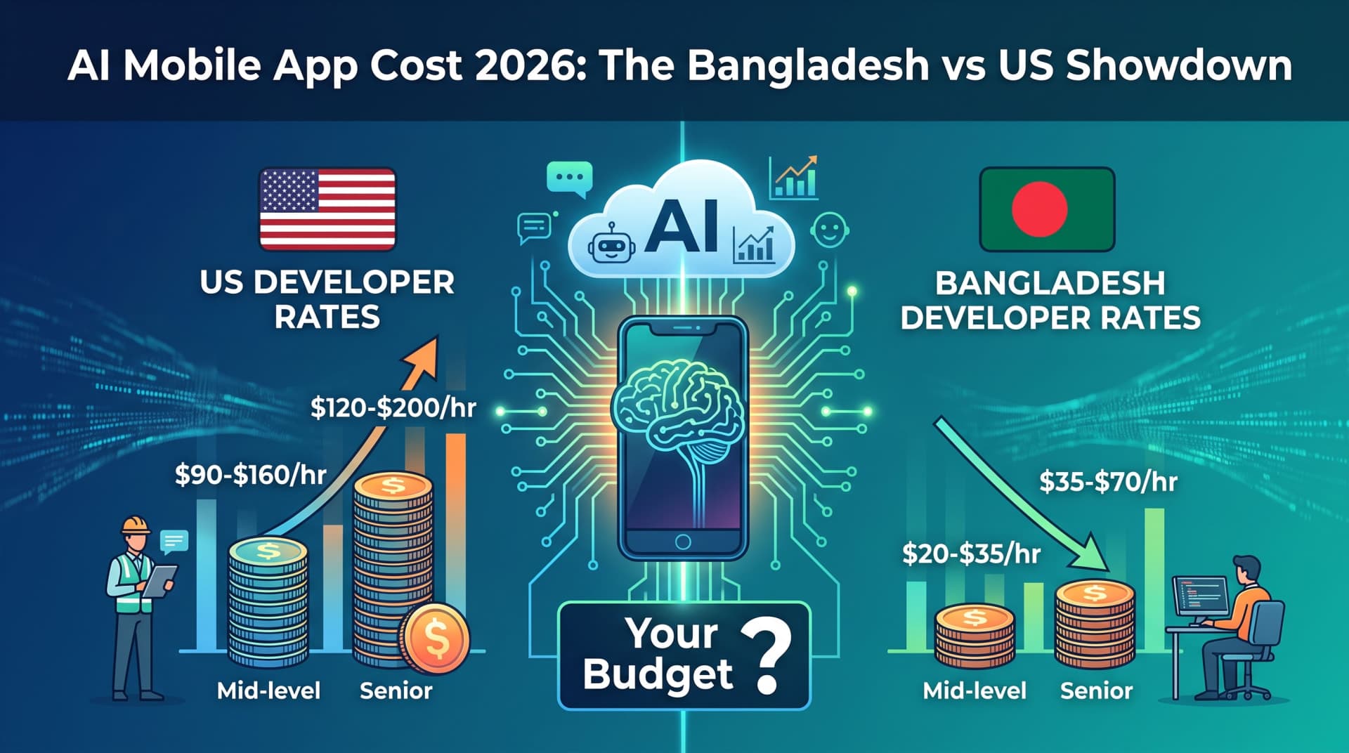 How Much Does an AI-Powered Mobile App Cost in 2026? React Native Rates, Bangladesh vs US